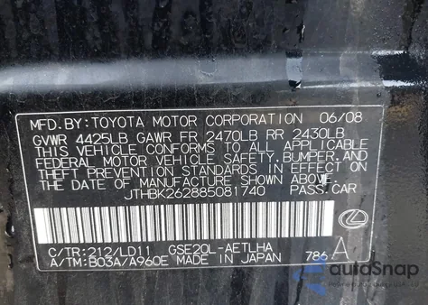 2008 Lexus Is 250 from USA, damaged, VIN JTHBK262885081740